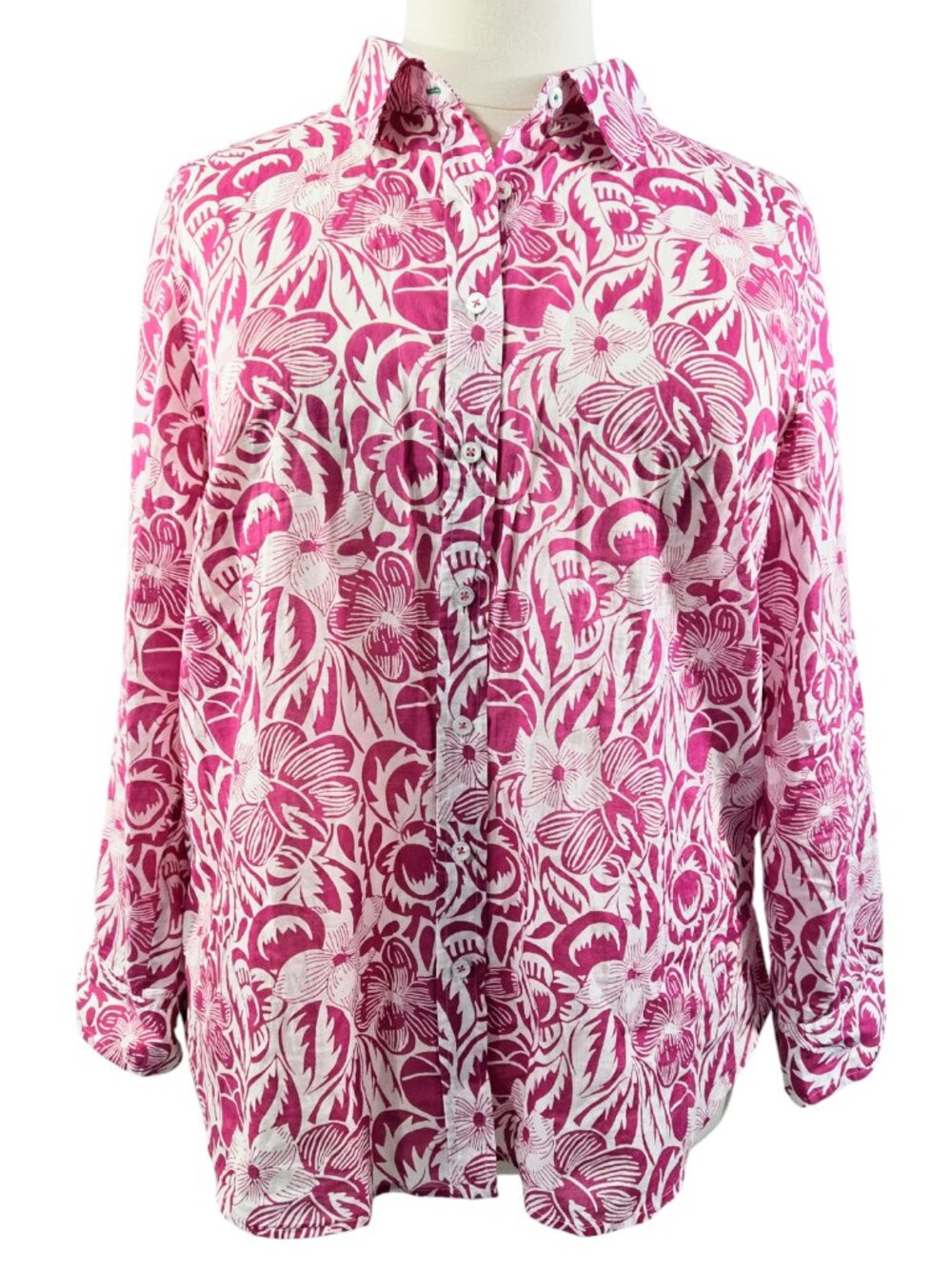 Talbots Cotton Button Front Shirt Island Woodblock Pink White Floral Beachy